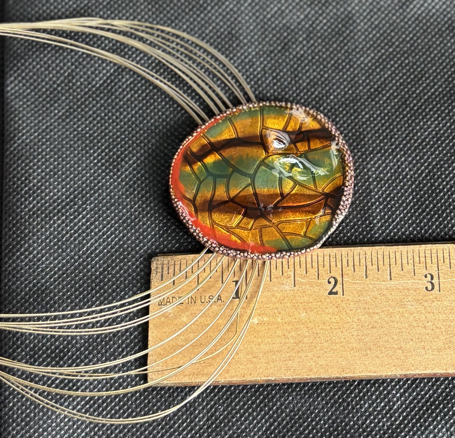 Enamel Pendant Multi Color Multi Strand Coated Wire Choker Necklace 19” Boho