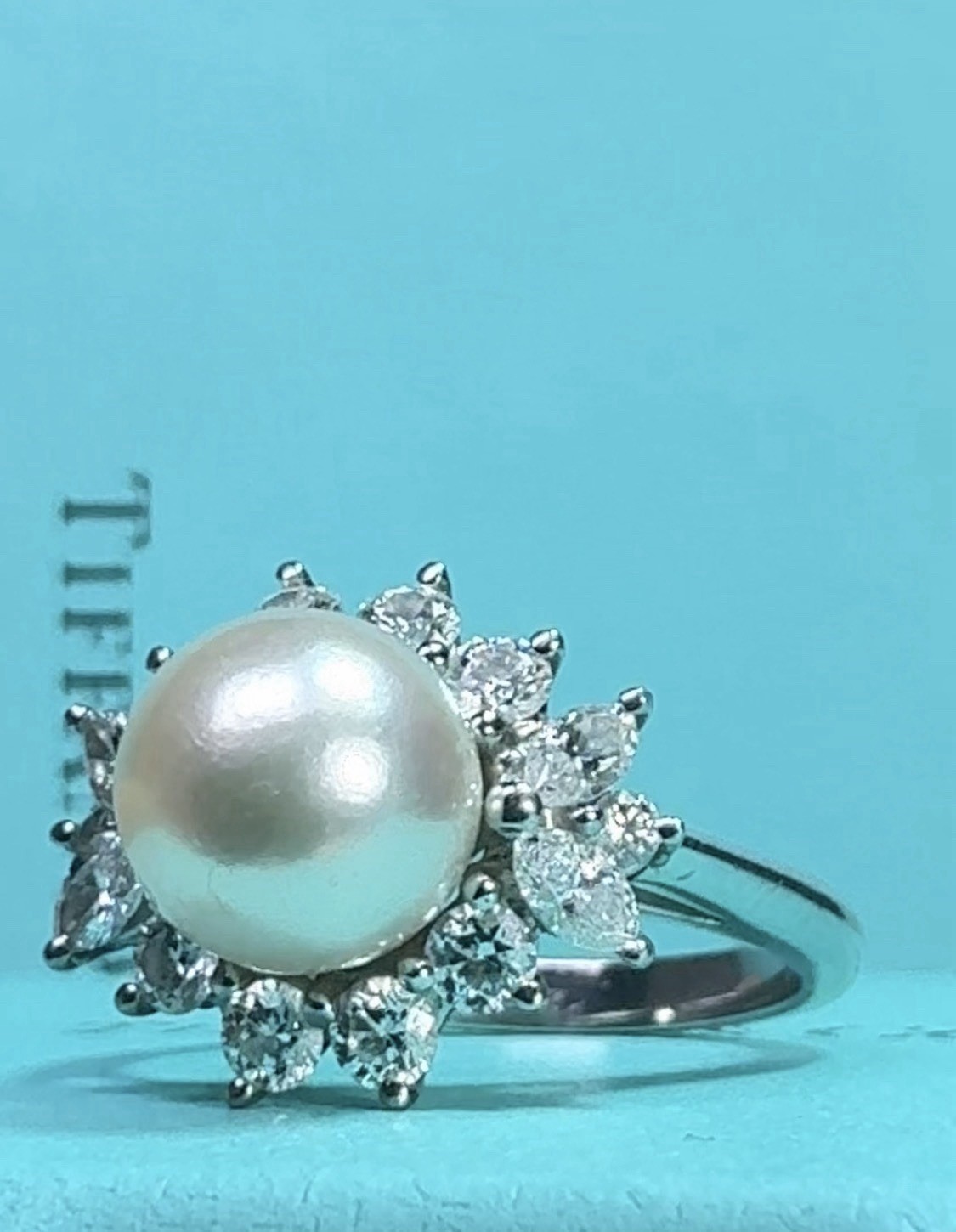 $9,450 TIFFANY & CO. VICTORIA 8MM PEARL AKOYA DIAMOND PLATINUM RING BAND SIZE 6