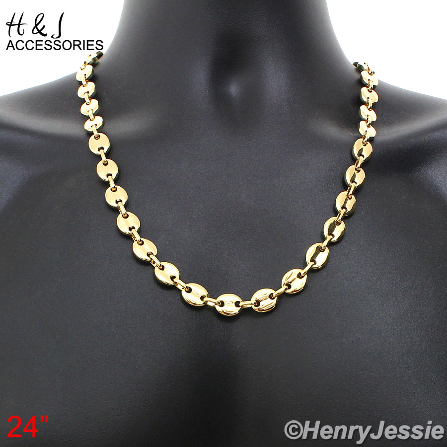 24″Stainless Steel 10x3mm Gold Plated Puffed Mariner Link Necklace Bracelet*S139