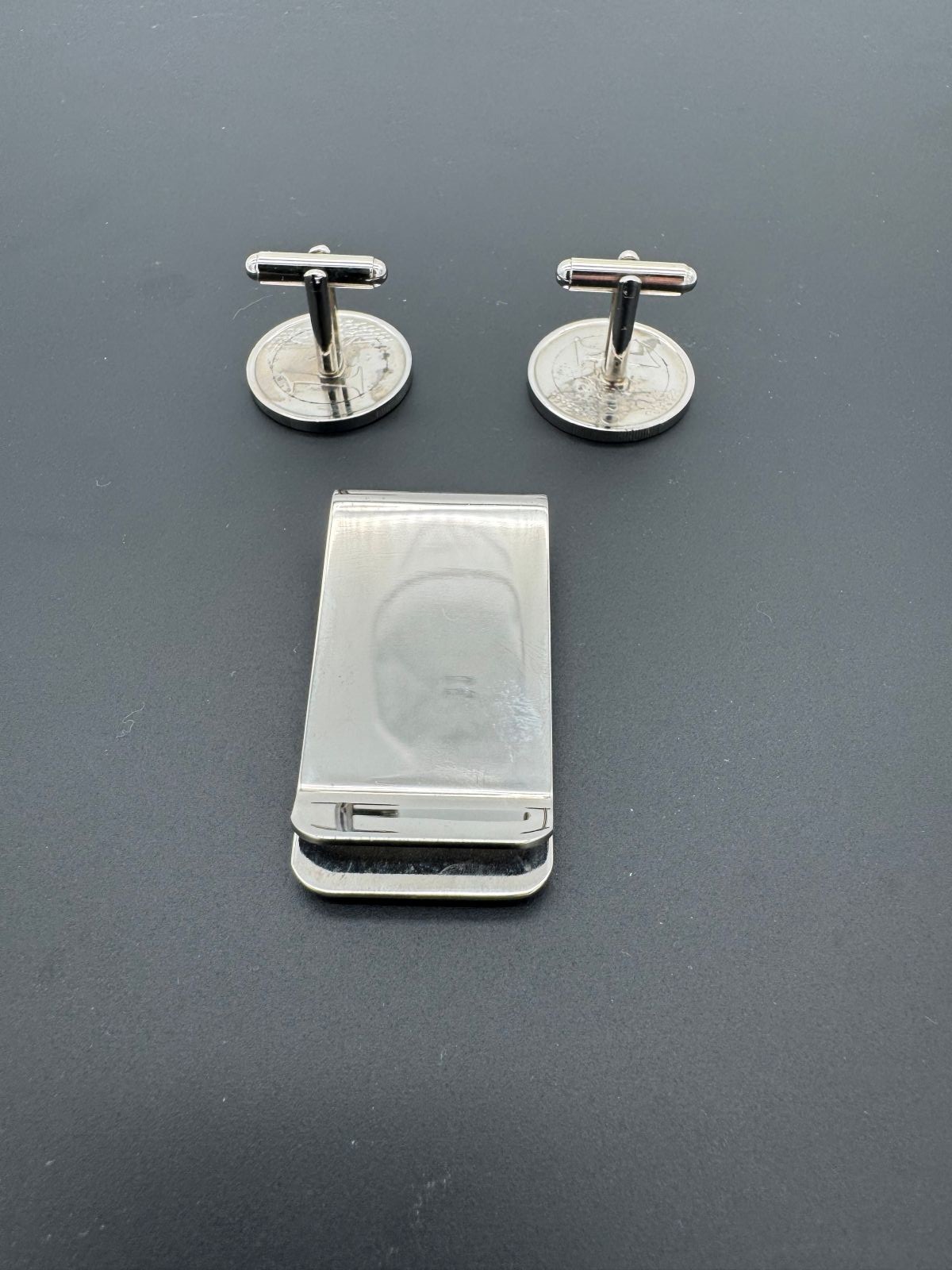 Italian Cufflinks and Money Clip Set Davinci Vitruvian Man Gold and Silver coins