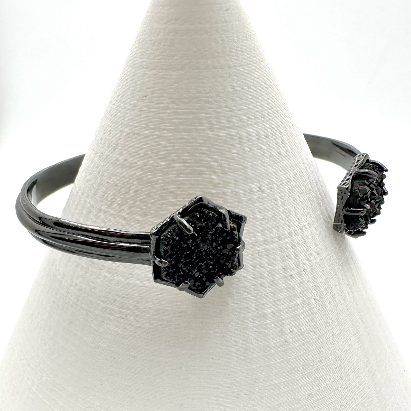 Retired Kendra Scott Arden Black Drusy Quartz Cuff Bracelet Gunmetal Signed 2015