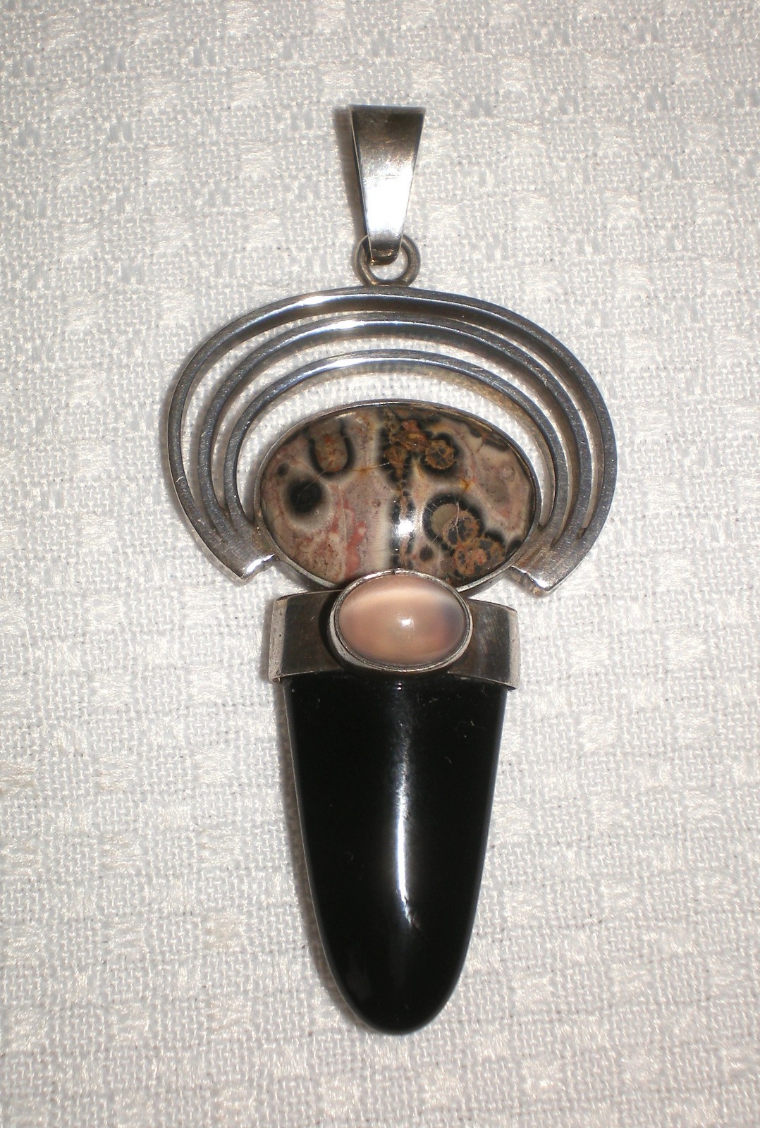 Vintage 925 Sterling Silver Jasper, Rose Quartz & Onyx Pendant 13.0 gram ~ 2.25″