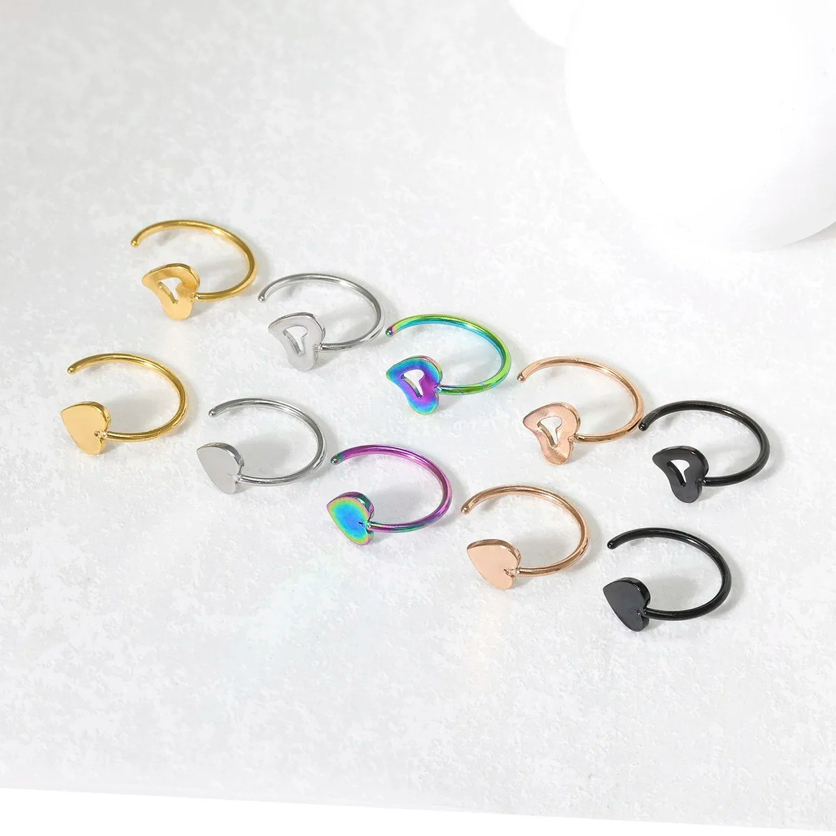 💖✨ C-Shaped Hollow Heart Nose Ring Set Stainless Steel – 2/5pcs – NEW