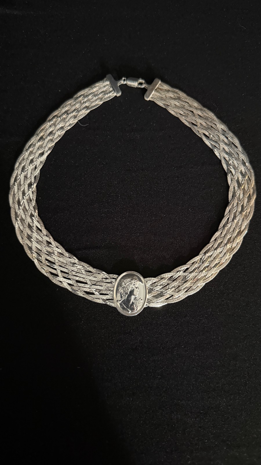 Vintage Italian Milor Sterling Silver Woven Herringbone Cameo Medallion Necklace