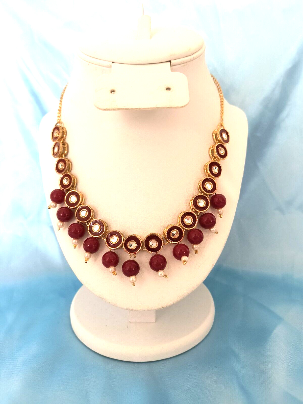 Women’s Statement Necklace Red Gold White Clear Colors with Gold Tone Chain