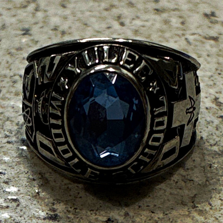 Stainless Steel School Ring Blue Oval Blue Stone Silver Tone Size 5&1/4
