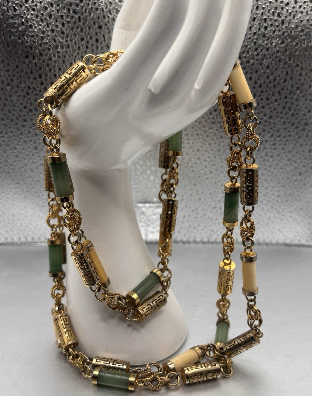 Pair Chinoiserie Style Gold Tone Jade Necklaces Ornate 29” Philippine