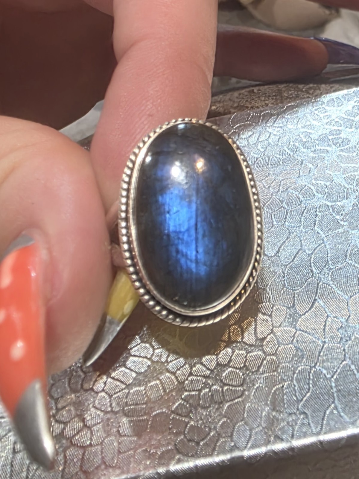 Labradorite Cabochon Bezel Statement Ring Sterling Silver