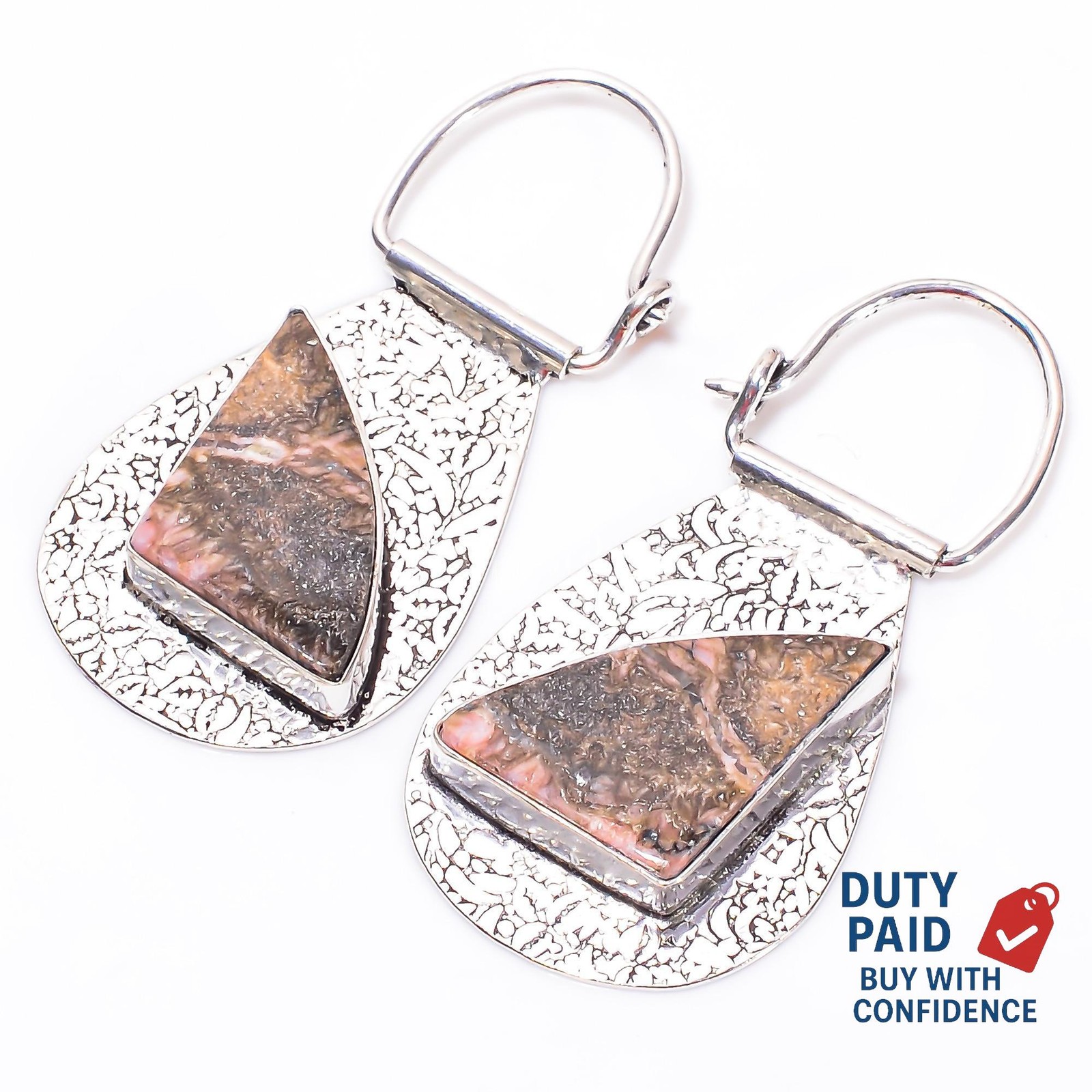 925 Sterling Silver Fancy Genuine Rhodonite Trendy Ethnic Dangle Sister Earrings