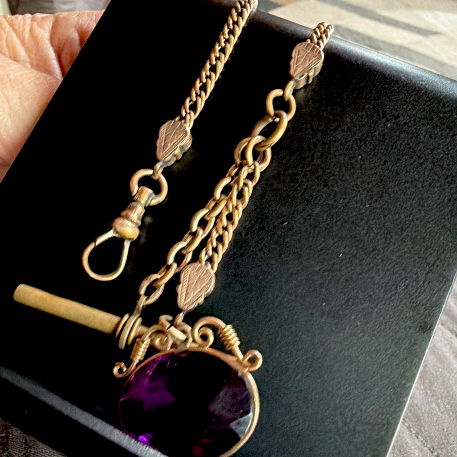 Victorian 23g Watch Chain 13” Gold Filled H.B. Co Gold Fill Purple Crystal Fob