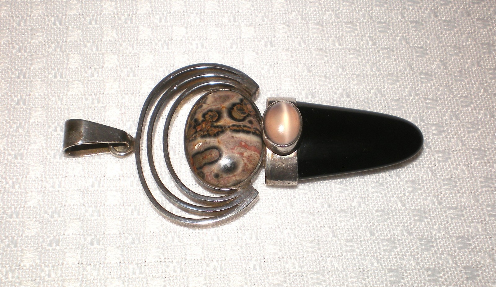 Vintage 925 Sterling Silver Jasper, Rose Quartz & Onyx Pendant 13.0 gram ~ 2.25″