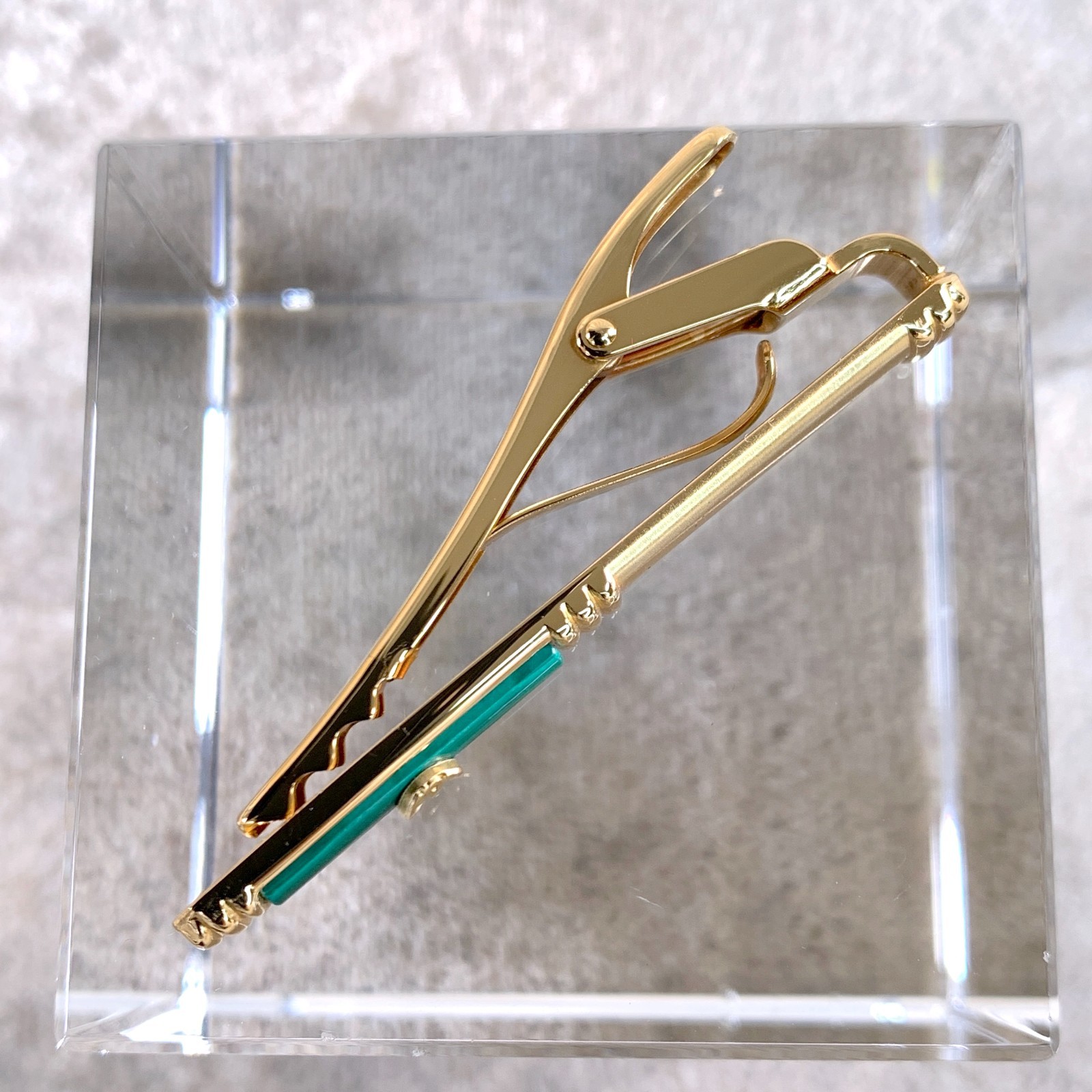 Vintage Dunhill Cufflinks & Tie Bar Clip Cylinder Malachite Gold Finish w/Box