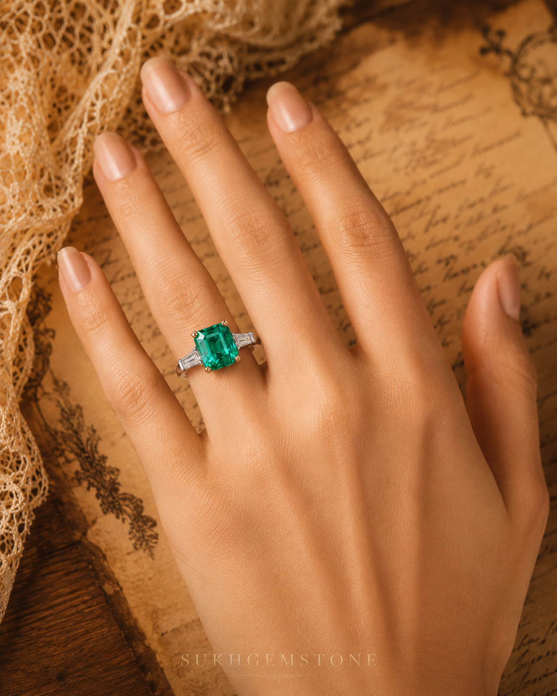 Lab Created Green Emerald Ring, Base Metal: Brass Finish: Gold Plated