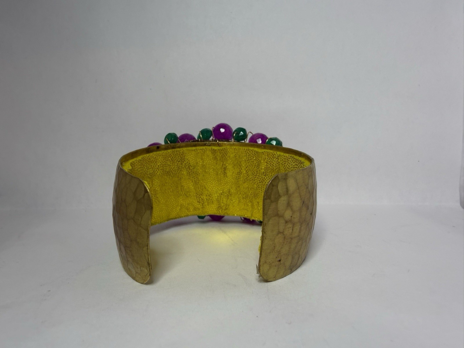 Hammered Gold Tone Brass Cuff Bracelet Stackable Purple Green Beads
