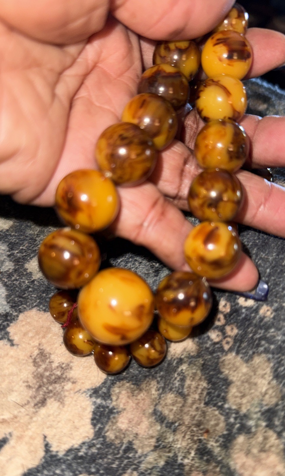 Bakelite Egg Yolk Amber Beaded Necklace Marbled Graduated Steel Cable