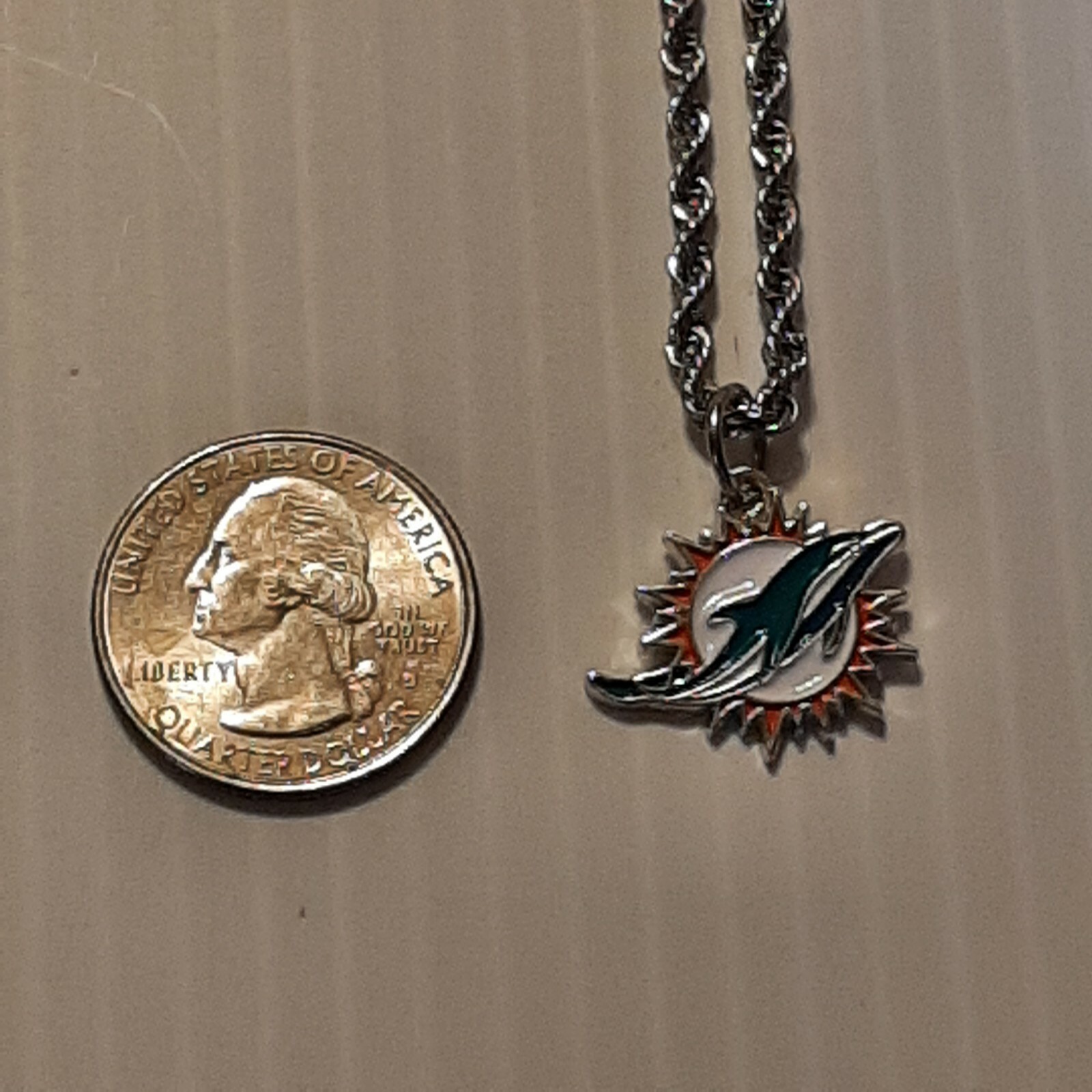 MIAMI DOLPHINS Chrome Pendant Charm / STAINLESS ROPE CHAIN NECKLACE