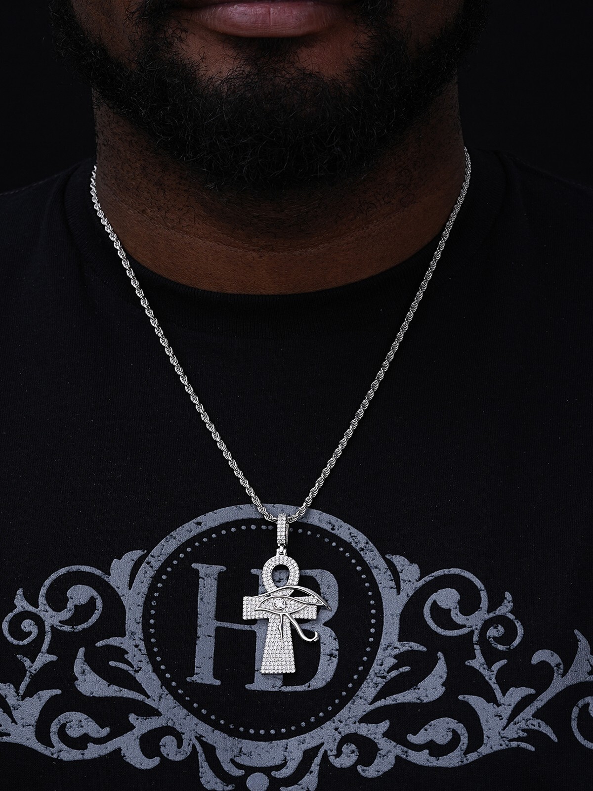 Moissanite Ankh Cross W. Eye Of Horus Pendant – Iced 925 Silver 2″ Mens Necklace