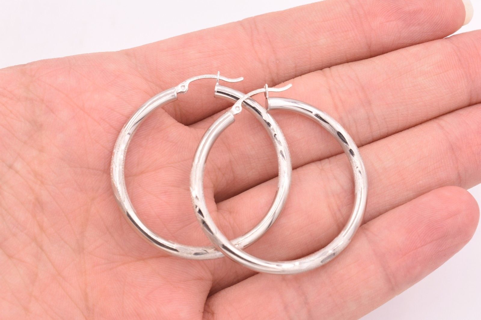 3mm X 40mm 1 1/2″ Large Diamond Cut Round Hoop Earrings REAL 14K White Gold