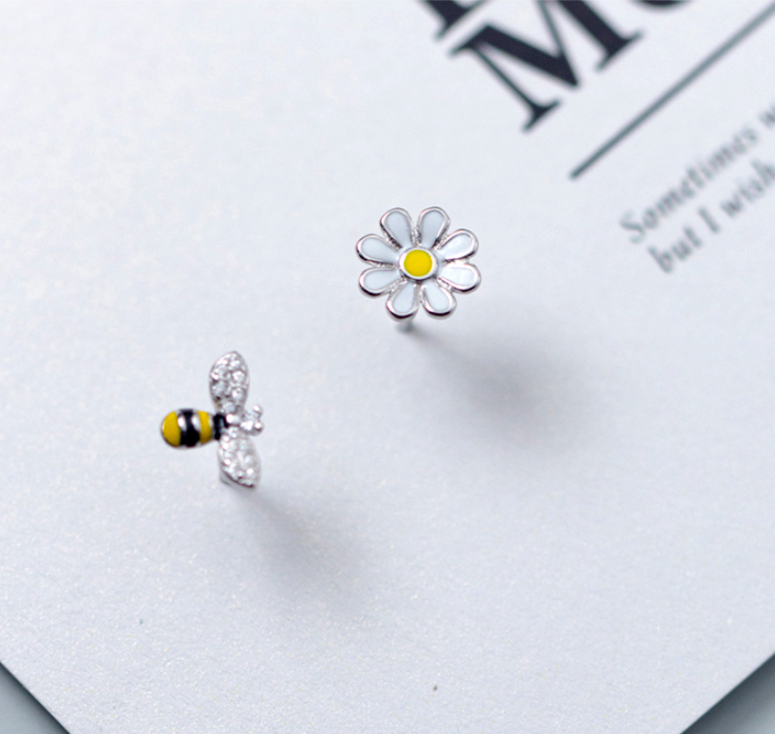 Silver Lovely Yellow White Flower Daisy & Honey Bee Pave CZ Stud Earrings