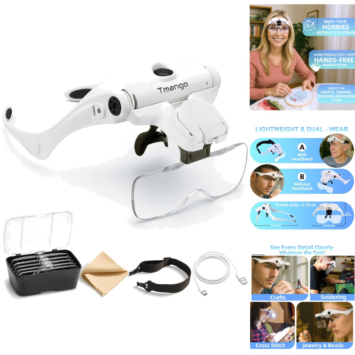 Rechargeable Lighted Headband Magnifier 3.5X Hands-Free Jewelry Watch Repair