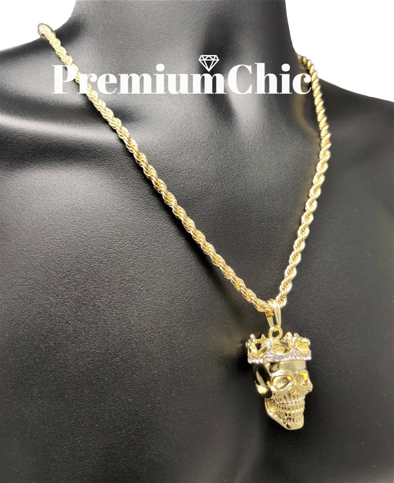 Skull King Pendant Necklace Rope or Tennis Chain Plated CZ Halloween Jewelry