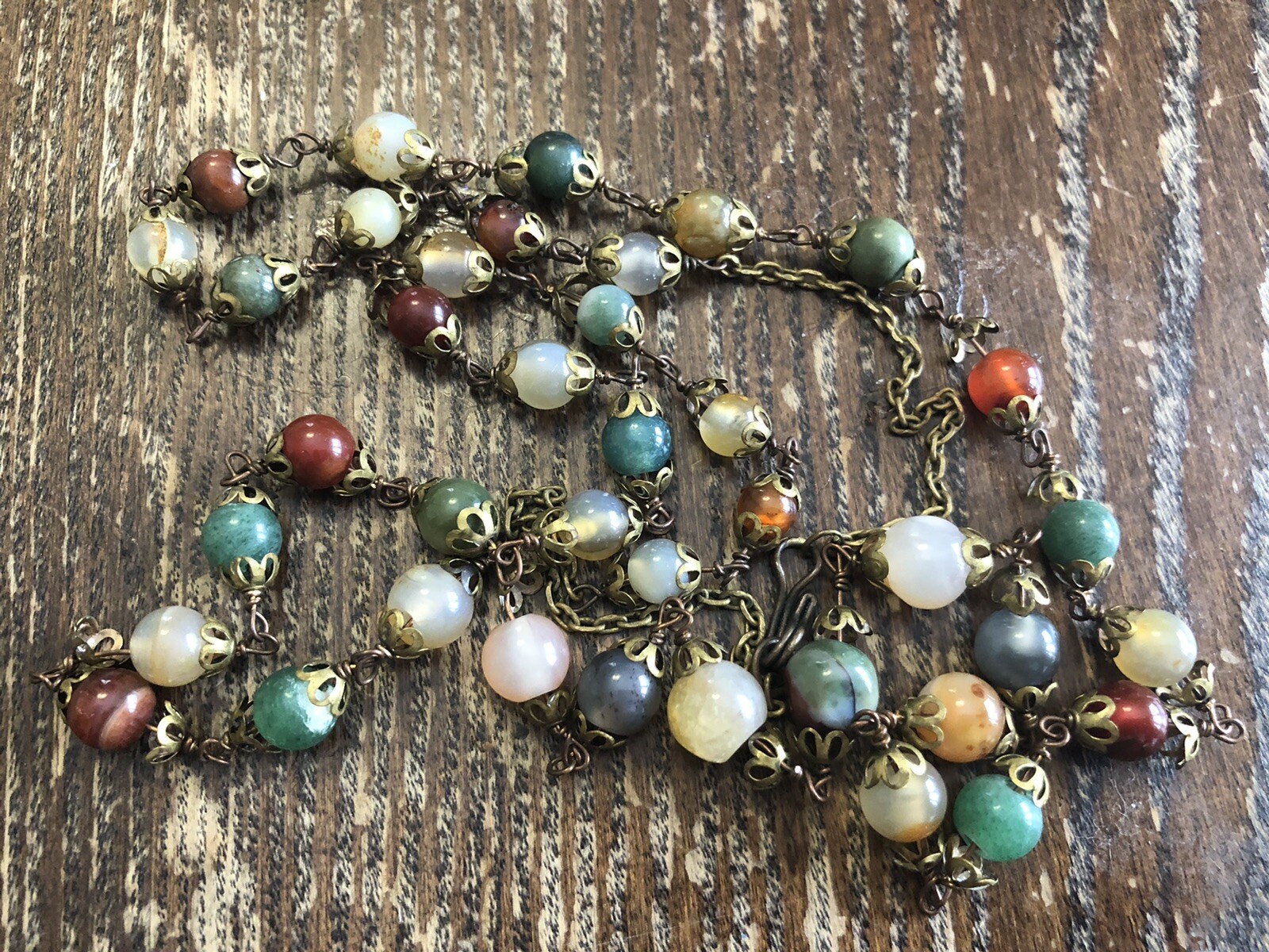 Vintage Aged Brass Mixed Color Round Gemstone Bead Station Wrap Link Necklace