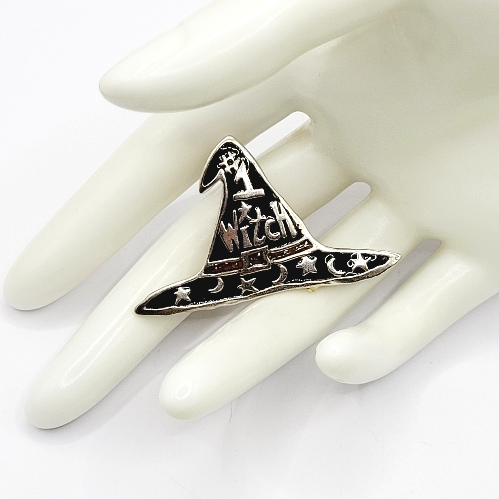 Number 1 Witch Black Witches Hat Metal and Enamel Halloween Vintage Brooch Pin