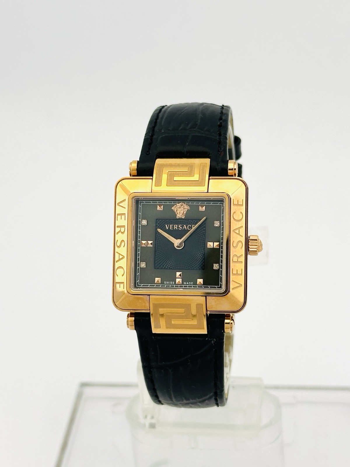 Versace Women’s 88Q80SD008S009 Rêve Carré Diamonds Black Leather Strap Watch 88Q