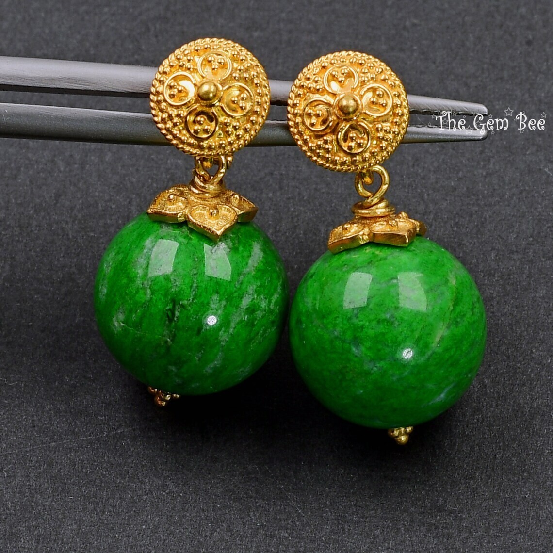 18K Solid Yellow Gold 13.2mm Maw Sit Sit Round Sphere Globe Bead Earrings