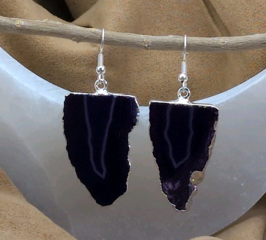 Natural Purple Agate Geode Slices Hook Earrings With Silver Plated Edge Brazil