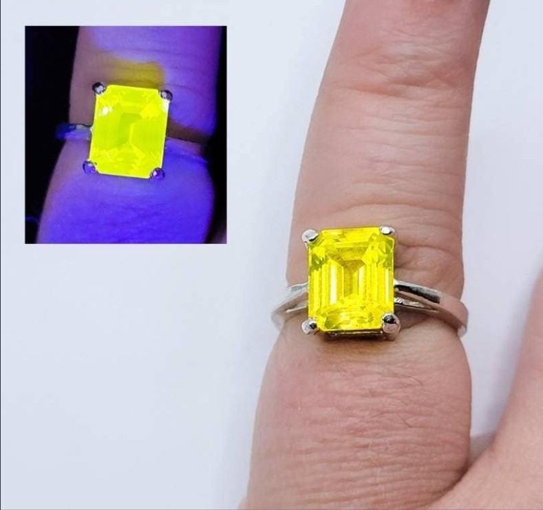 Sterling YAG Ring UV Yellow Yttrium Aluminum Garnet Emerald Cut Solitaire 925