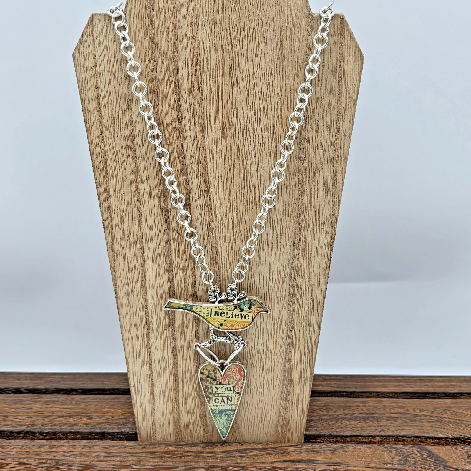 Plunder BELIEVE YOU CAN Silver Bird & Heart Pendant Mixed Media Necklace 30”