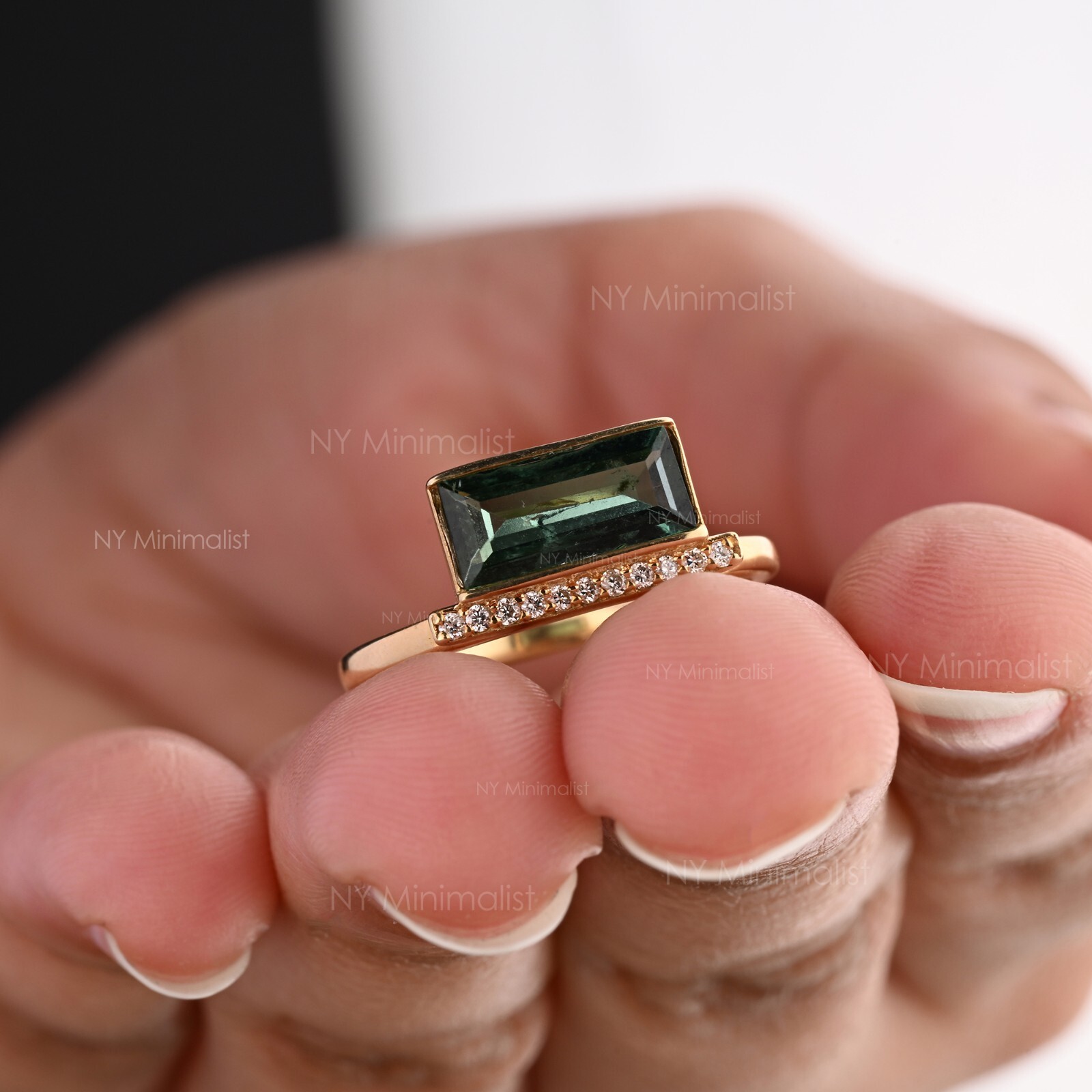 Horizontal Baguette Green Tourmaline and Pave Diamond Bar Ring In 14K Solid Gold