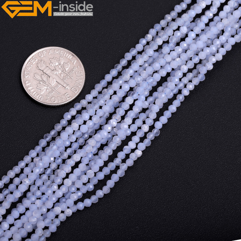 Faceted Natural Blue Chalcedony Stone Spacer Bead Jewelry Making 15″ 2mm 3mm 4mm