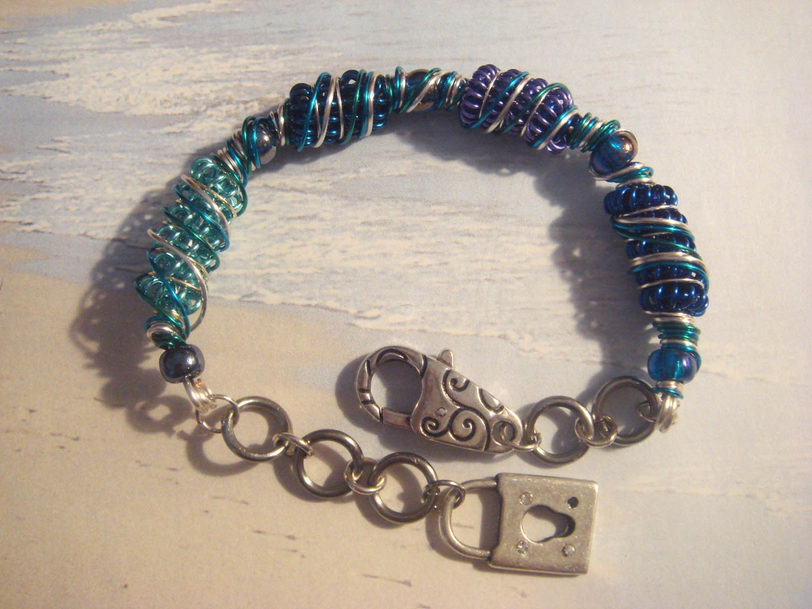 #138 Blue/Purple Wire Wrapped Bracelet with beads One of a Kind