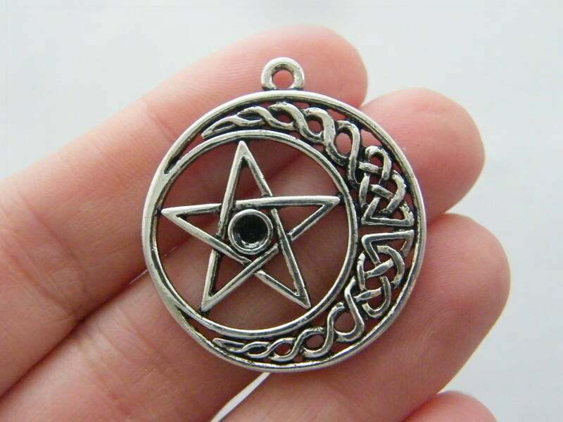 large PAGAN PENTAGRAM STAR MOON CELTIC pendant 22″ 925 Sterling Silver Necklace