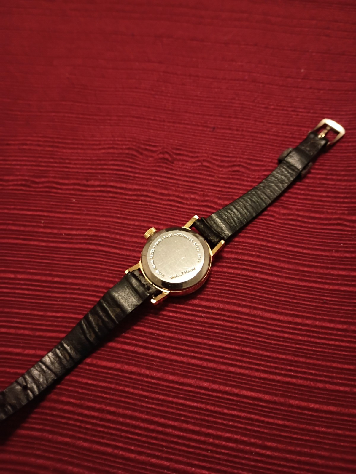 Vintage Waltham Women’s Manual Wind Swiss Made Gold Tone Black Dial Leather