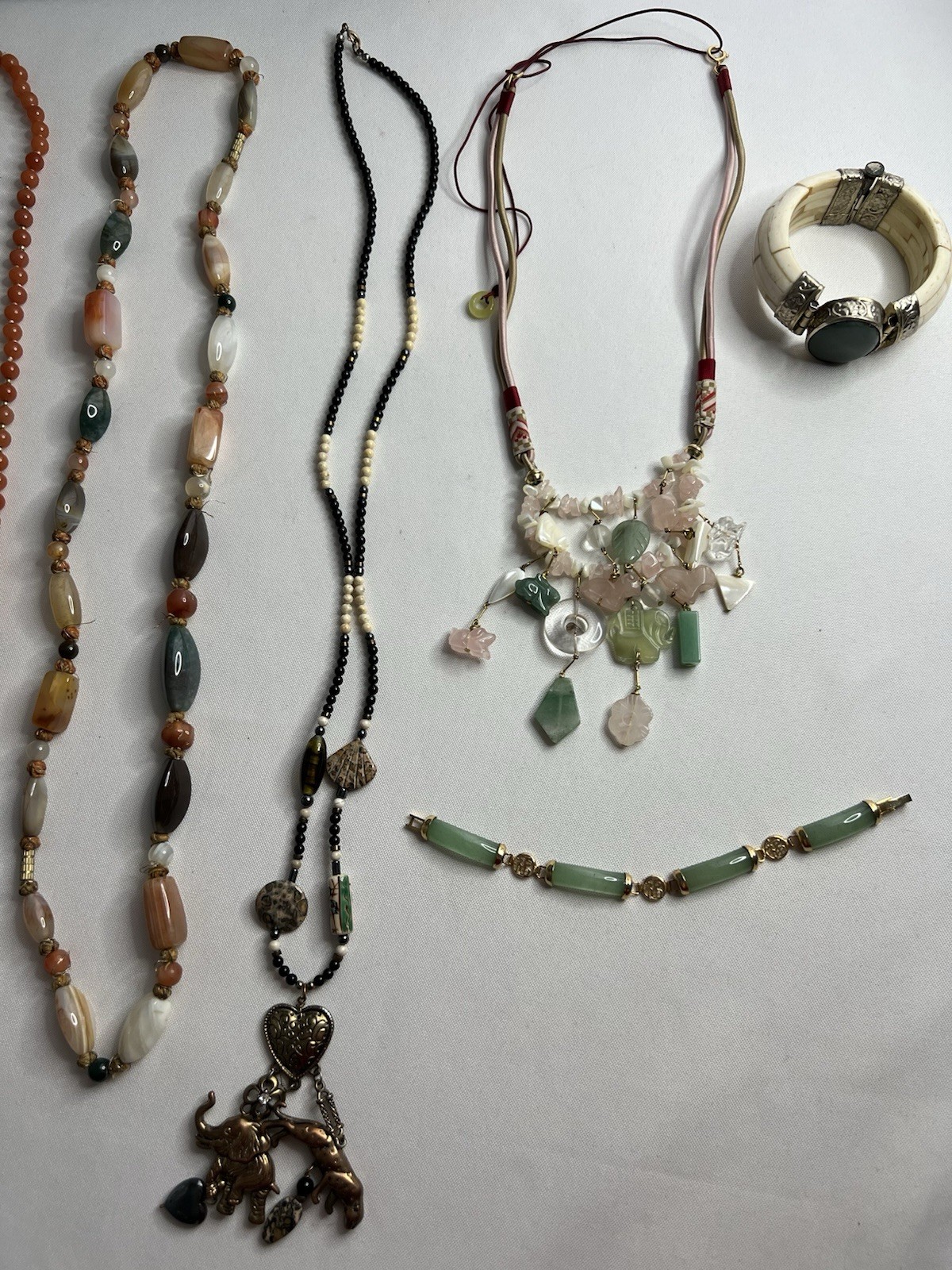 Vintage Asian Jade Rose Quartz Carved Beaded Necklaces Bracelet Jewelry Lot 7pcs