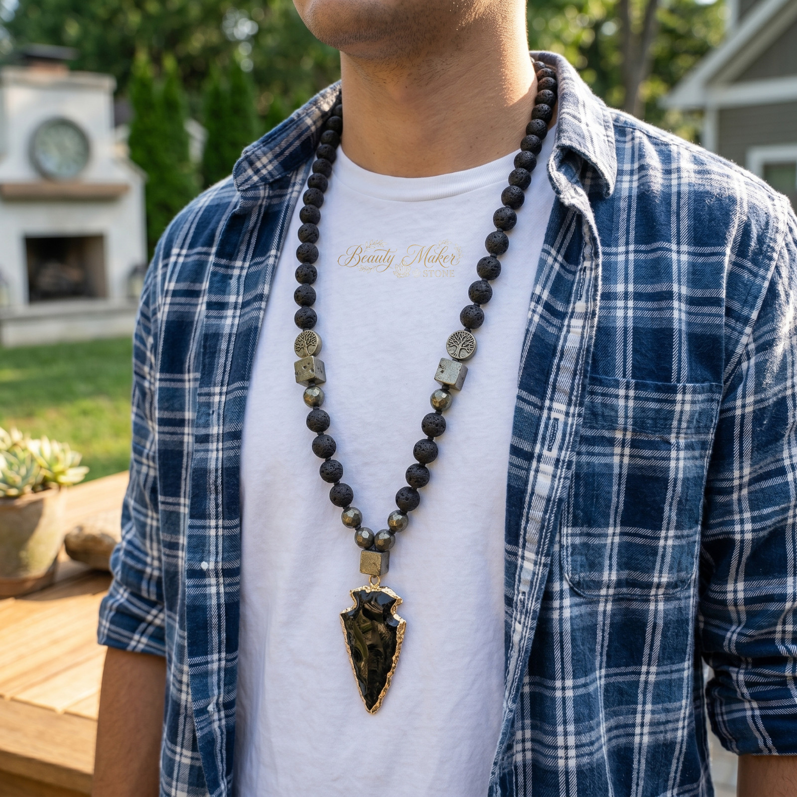 Black Obsidian Arrowhead Necklace Men Lava Pyrite Bead Protection Talisman 36″