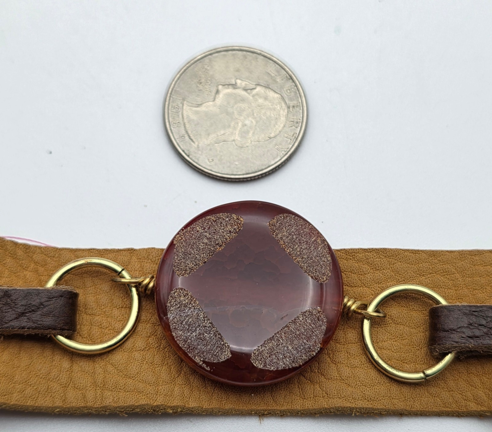 Vintage Artisan Brown Leather Cuff Bracelet Maroon Glass Cabochon Gold Tone Boho
