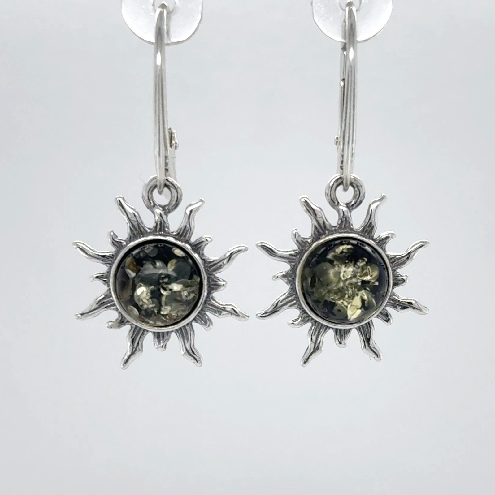 Round Green BALTIC AMBER Sun Dangle Leveback Earrings 925 STERLING SILVER #3633e