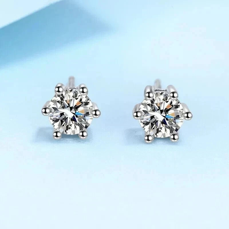 Round Cut Natural Diamond Women’s 6 Prong Set Stud Earrings 14k White Gold
