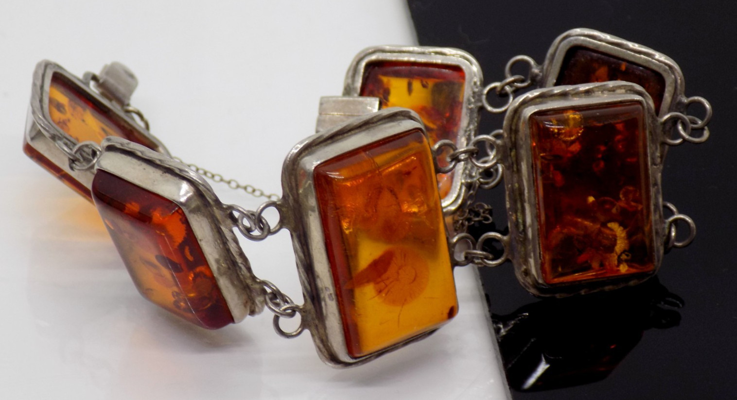 Cognac Baltic Amber Shell 925 Sterling Silver Bracelet 6.5″ Vintage