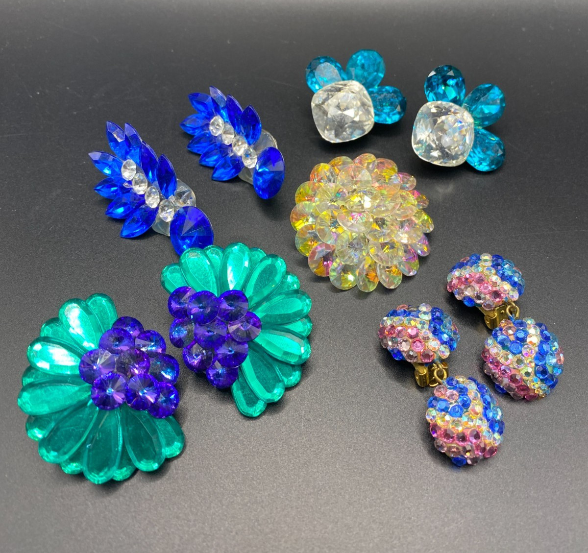 VTG Estate Sale *Nite Sparkles* rhinestone earrings, brooch lot of 5 pc