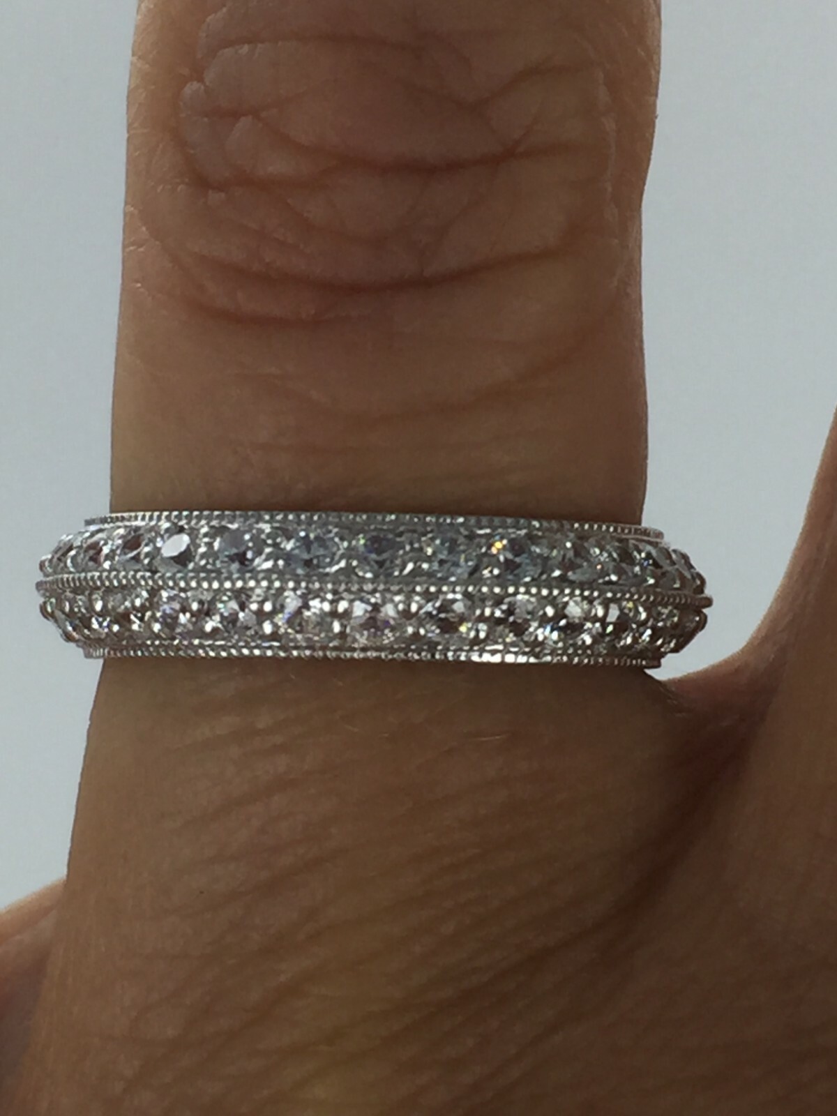 Gorgeous Domed Center Pave CZ Bead Detail 925 Silver Eternity Band Size 7