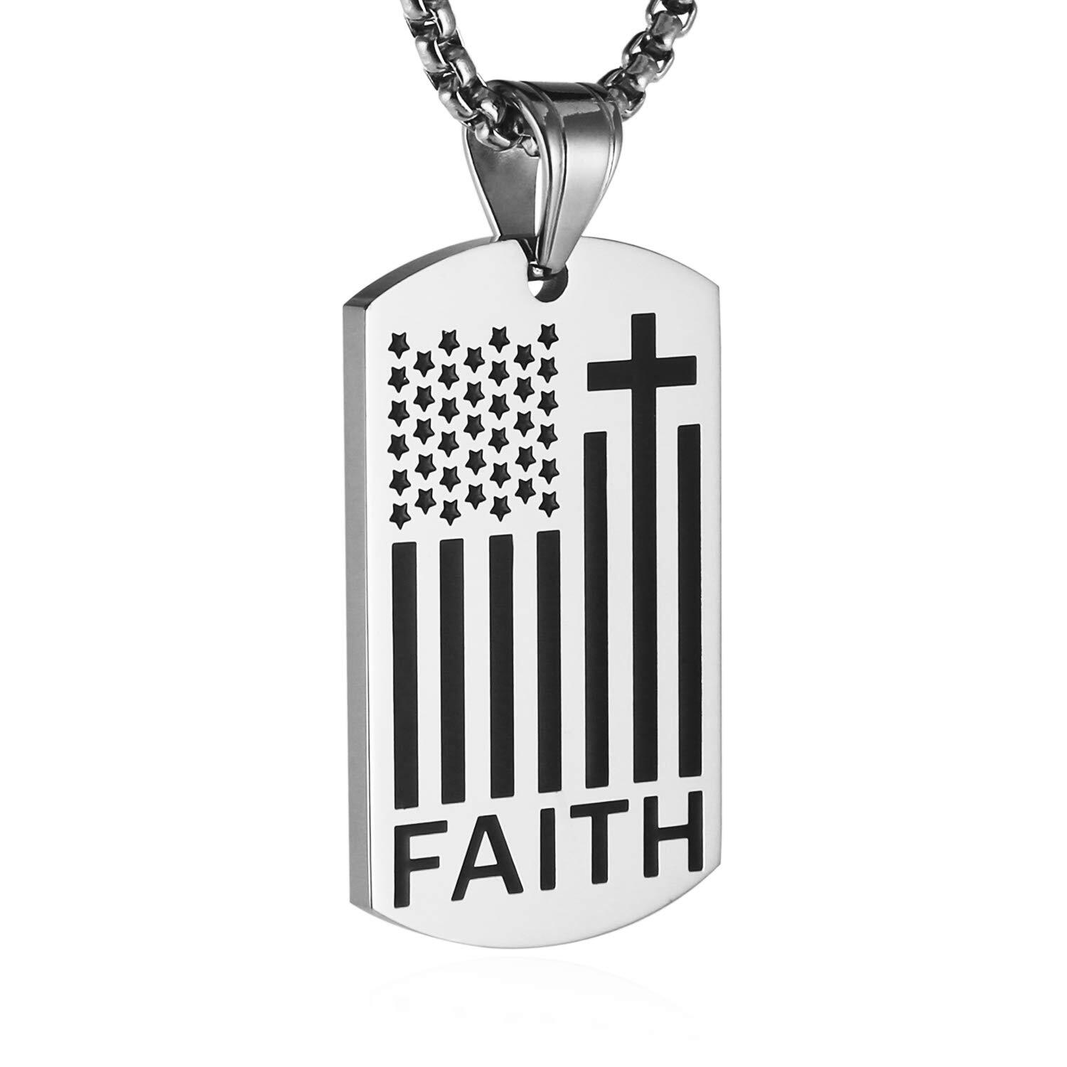 Men American Flag Cross Necklace Patriotic Verse Faith Dog Tag Pendant Chain