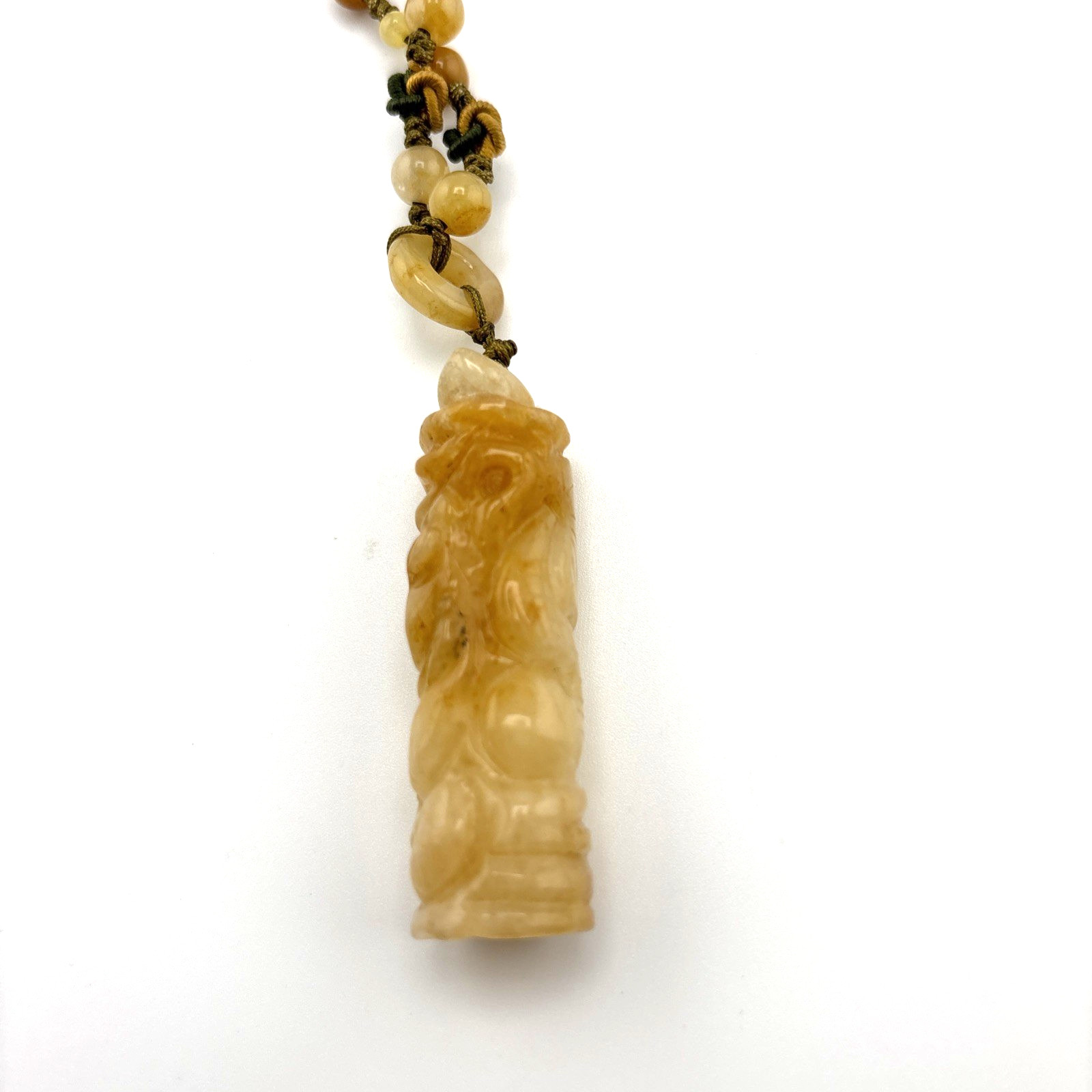 Macrame Genuine Carved Yellow Jadeite Necklace Adjustable Slide Knot 2″ Pendent
