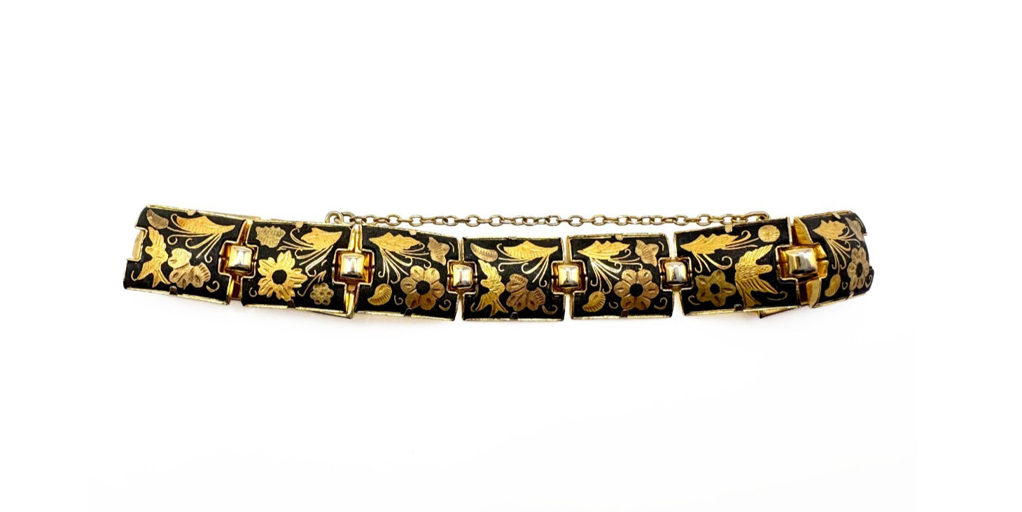 Vintage Damascene Link Bracelet Black Gold Floral Inlay Spain With Safety Chain