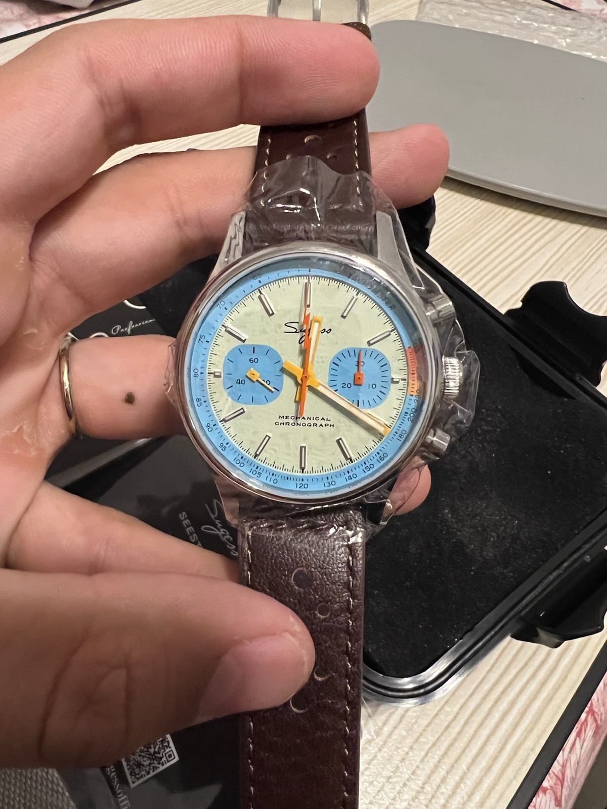 Sugess Pilot Watch 40mm ST19 Swanneck Movement Teal blue Dial with Brown Leather
