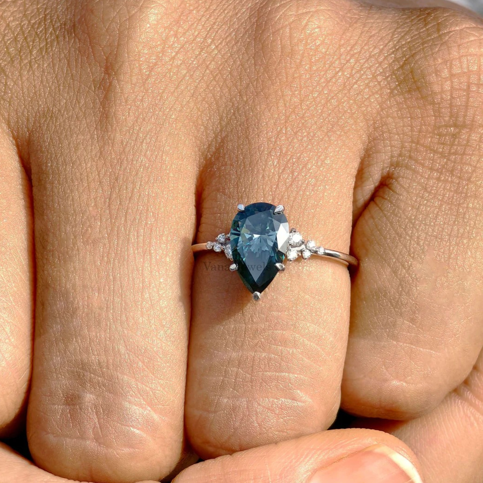 18K White Gold Fancy Intense Blue 2.15 CT Pear Cut Lab Grown Diamond Women Ring